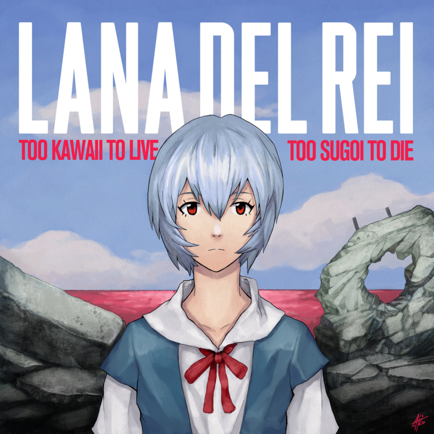 1girl, album_cover, alejandro_tio, ayanami_rei, blue_hair, blue_sky, clouds, cover, english, expressionless, frown, highres, lana_del_rey, lcl, long_neck, looking_at_viewer, namesake, neon_genesis_evangelion, parody, pun, red_eyes, ruins, signature, sky, solo, upper_body