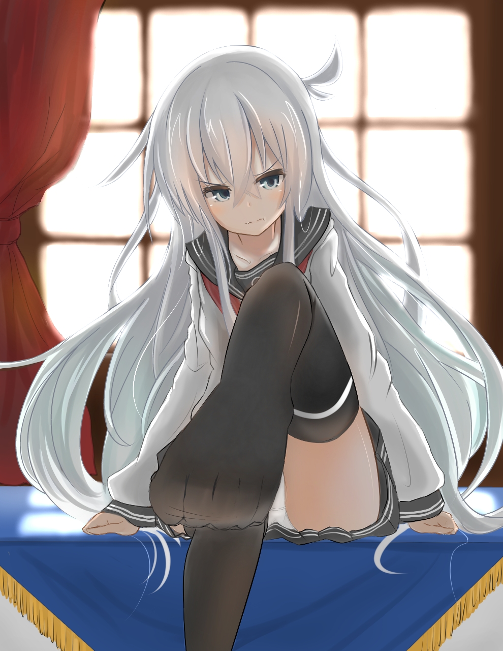 1girl, aqua_eyes, aqua_hair, black_legwear, eve_(kenzen), feet, hibiki_(kantai_collection), highres