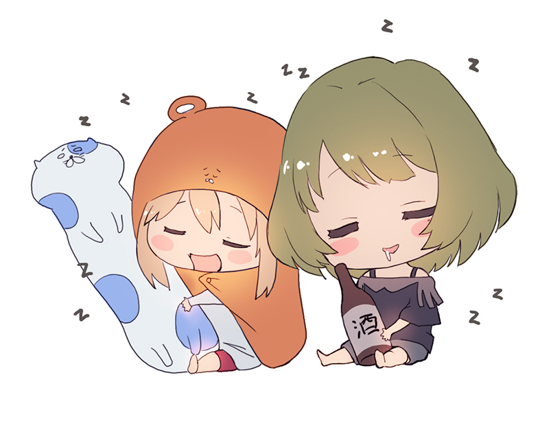 2girls, :d, barefoot, blonde_hair, blush_stickers, bottle, brown_hair, chibi