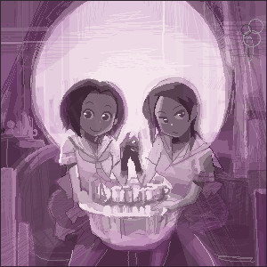 fine_art_parody, hoshi_kubi, l'amour_de_pierrot, l'amour_de_pierrot, lowres, multiple_girls, oekaki, optical_illusion, parody, purple, skull, symmetry