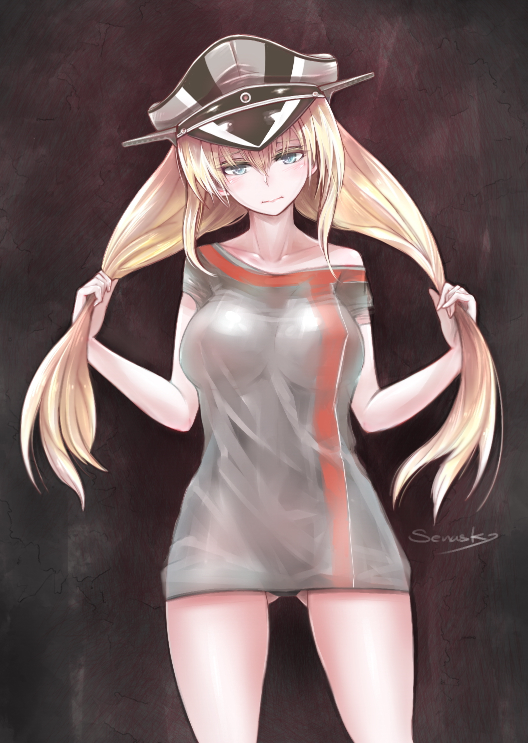 1girl, artist_name, bismarck_(kantai_collection), black_panties, blonde_hair, blue_eyes, blush, breasts