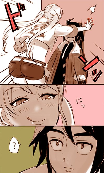 1boy, 1girl, ?, ahoge, belt, black_hair, blonde_hair, blush