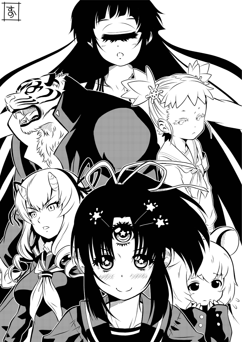 2boys, 4girls, animal_ears, closed_eyes, cyclops, drill_hair, flying_sweatdrops, furry, hair_ornament, hitomi_sensei_no_hokenshitsu, horns, kiryuuin_karen, long_hair, manaka_hitomi, manaka_mitsumi, matsushiro_nayuki, monochrome, mouse_ears, multiple_boys, multiple_girls, nezu_chuuta, one-eyed, ponytail, s-now, school_uniform, siblings, signature, sisters, smile, snowflake_hair_ornament, star, star-shaped_pupils, symbol-shaped_pupils, third_eye, tiger, toura_hiroyoshi, twintails