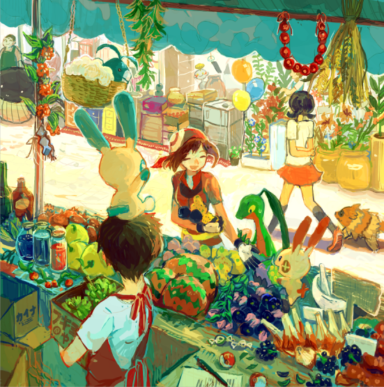 2girls, 3boys, apron, awning, balloon, bandana, basket, berries, black_hair, black_legwear, bluk_berry, bottle, box, brown_hair, cabinet, candy, chimecho, chingling, durin_berry, figy_berry, flower, flower_pot, food, fruit, gloves, grepa_berry, grovyle, haruka_(pokemon), hat, jar, kneehighs, leaf, market, minahamu, miniskirt, minun, mortar, multiple_boys, multiple_girls, on_head, open_mouth, paper, pecha_berry, pen, pestle, plant, plusle, poke_ball, pokemon, pokemon_(creature), pokemon_(game), pokemon_rse, pomeg_berry, shirt, short_hair, short_sleeves, short_twintails, sitrus_berry, skirt, smile, standing, swablu, t-shirt, twintails, wailmer, walking, watmel_berry, wheat, wind_chime, yellow_sclera, zigzagoon
