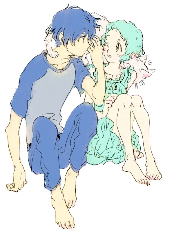 1boy, 1girl, aqua_hair, arisato_minato, barefoot, blue_hair, casual, cat