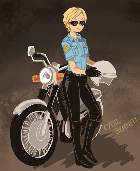 1girl, bicycle, blonde_hair, breasts, cybil_bennett, helmet, motor_vehicle, motorcycle