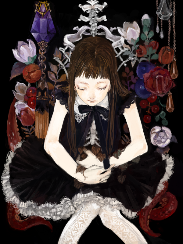 1girl, arwennnn, bangs, bare_arms, black_dress, blunt_bangs, brown_hair, chain