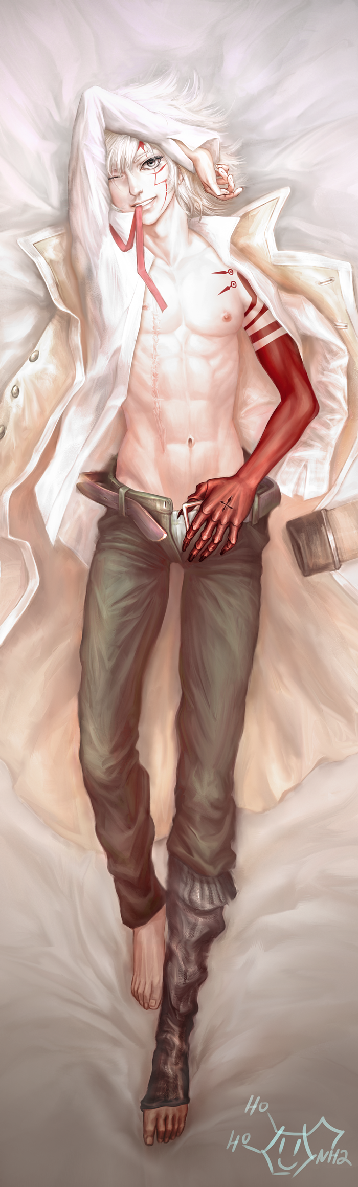 1boy, abs, allen_walker, arm_over_head, barefoot, c8h11no2, chemical_structure, coat, d.gray-man, dakimakura, grey_eyes, highres, male_focus, nipples, one_eye_closed, open_clothes, open_pants, open_shirt, pale_skin, scar, shirt, signature, smile, solo, tattoo, unbuckled_belt, underwear, white_hair
