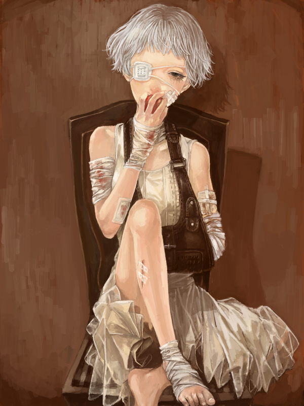 1girl, apple, arwennnn, bandages, bandaid, bangs, barefoot, black_eyes