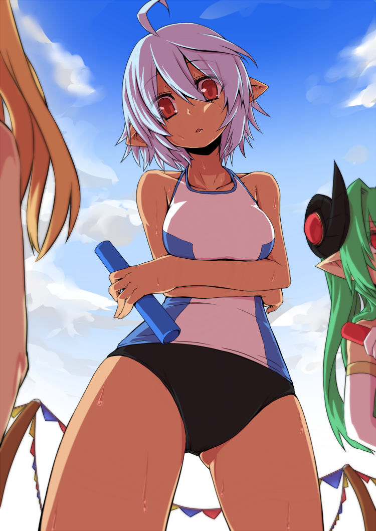 3girls, ahoge, arcana_trust, bare_shoulders, blonde_hair, blue_hair, buruma, clouds