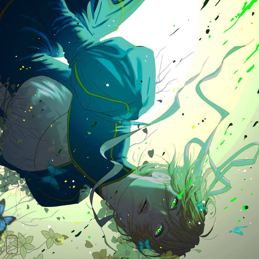 1girl, absurdres, blonde_hair, butterfly, dress, eva_(invisibleninja12), falling, fate/stay_night