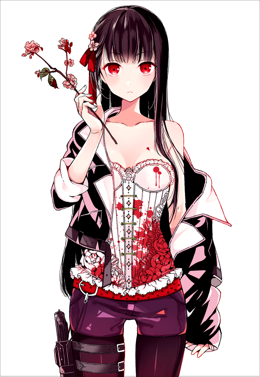 1girl, bare_shoulders, belt, black_hair, black_legwear, blood, blood_splatter, collarbone