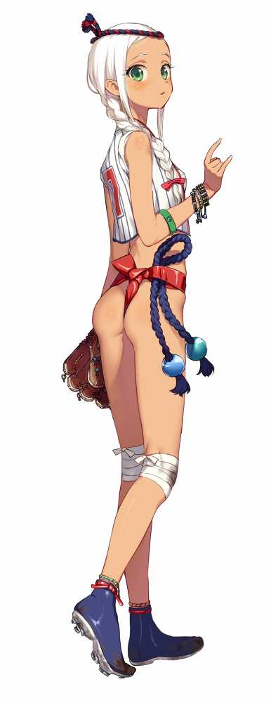 1girl, \m/, aida_takanobu, ass, bandaged_knees, baseball_mitt, blush, bracelet