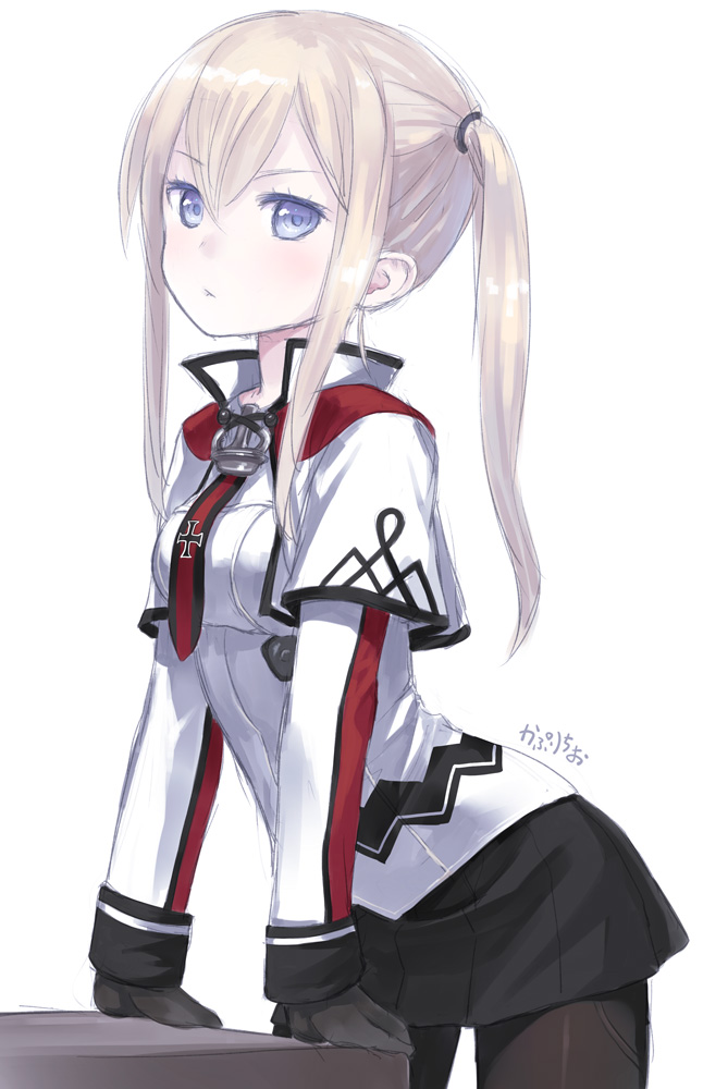 1girl, anchor_choker, arm_support, artist_name, black_gloves, black_ribbon, blonde_hair, blue_eyes