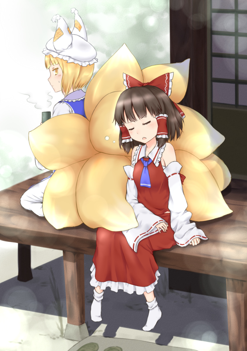 2girls, animal_ears, ascot, blonde_hair, blush, brown_hair, closed_eyes, detached_sleeves