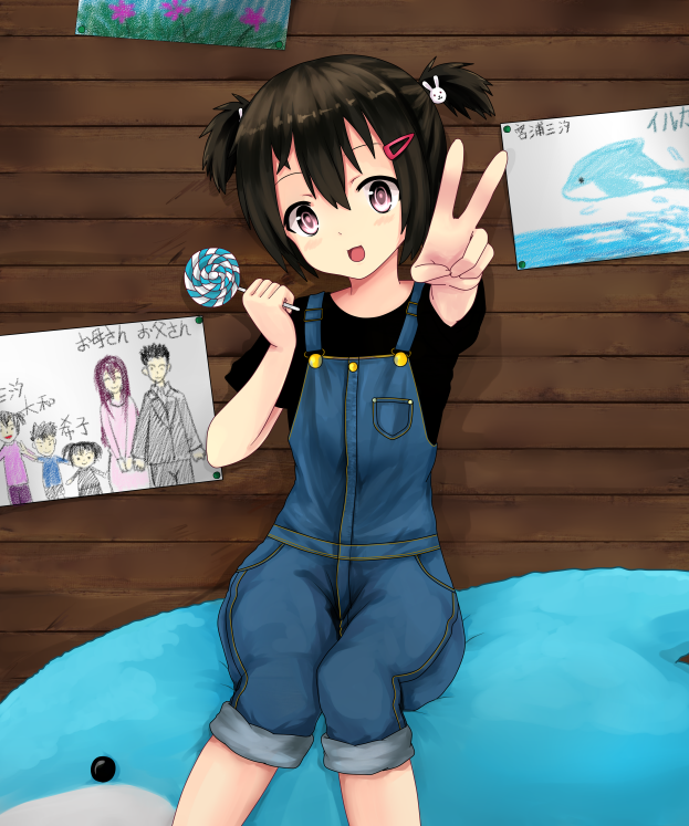 1girl, :d, beifeng_han, black_hair, blush, bunny_hair_ornament, candy, child