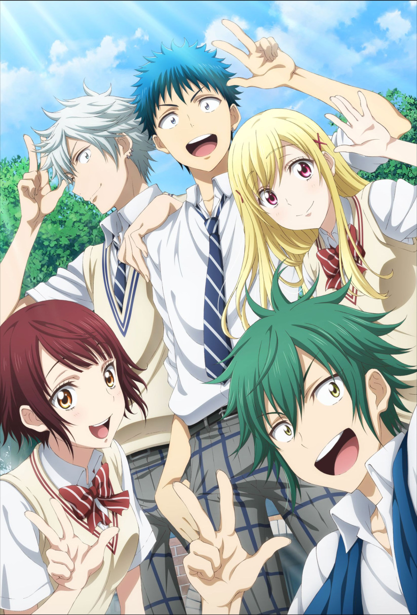 2girls, 3boys, absurdres, blonde_hair, blue_eyes, blue_hair, female, green_hair
