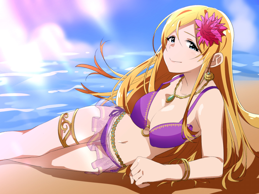 1girl, artist_request, bikini, blush, breasts, brown_hair, highres, idolmaster, idolmaster_million_live!, looking_at_viewer, nagasawa_kotarou, official_art, shinomiya_karen, smile, solo, swimsuit