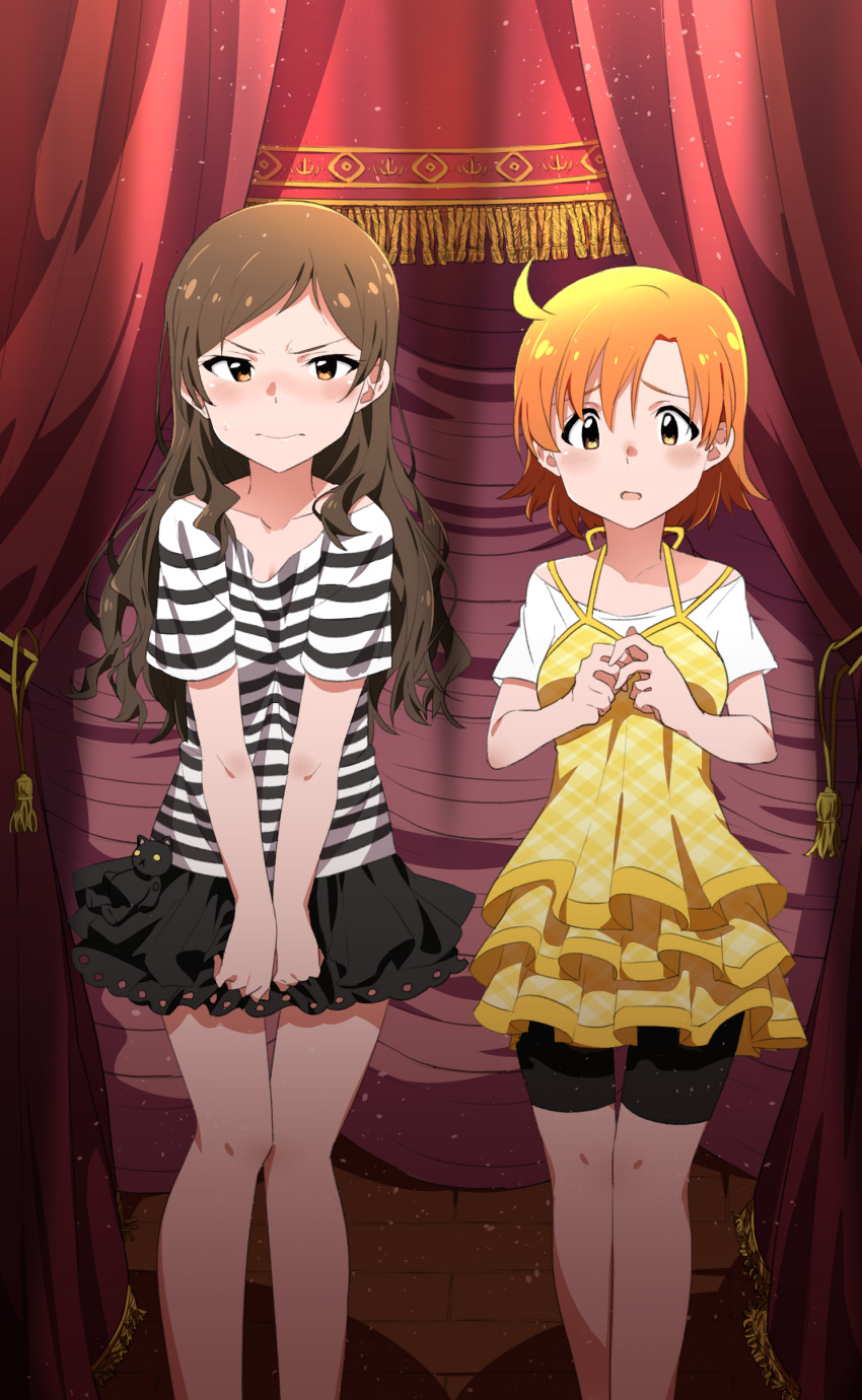 2girls, absurdres, artist_request, blush, brown_eyes, brown_hair, highres, idolmaster