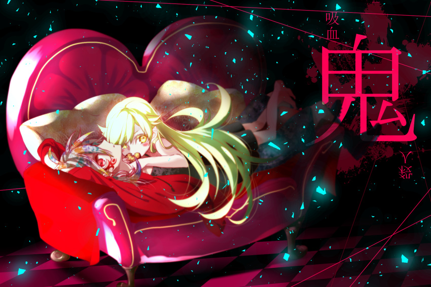 1boy, 1girl, blonde_hair, doughnut, facial_tattoo, food, grey_hair, highres, hii_(hii101), long_hair, looking_at_viewer, lying, monogatari_(series), on_back, on_stomach, oshino_shinobu, red_eyes, tattoo, yellow_eyes, zaregoto_series, zerozaki_hitoshiki