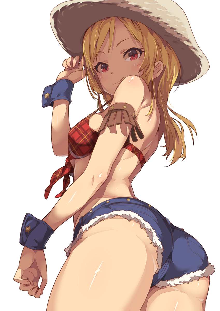 1girl, ass, blonde_hair, cutoffs, denim, denim_shorts, from_behind, from_below