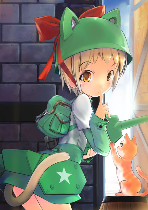 bag, blonde_hair, cat, child, girl_arms, helmet, m4_sherman, mecha_musume