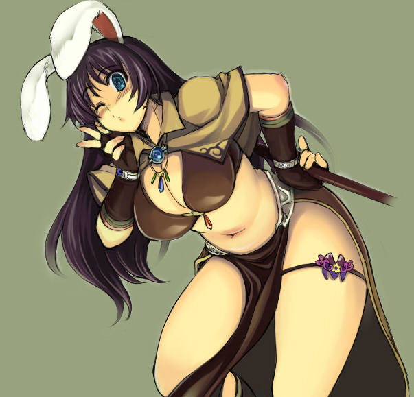 black_hair, blue_eyes, blush, bracelet, breasts, bunny_ears, cleavage, curvy, fingerless_gloves, flower, gloves, jewelry, large_breasts, lips, loincloth, long_hair, long_loincloth, mage, mage_(ragnarok_online), midriff, navel, necklace, plump, rabbit_ears, ragnarok_online, simple_background, v, weapon, wink, xration