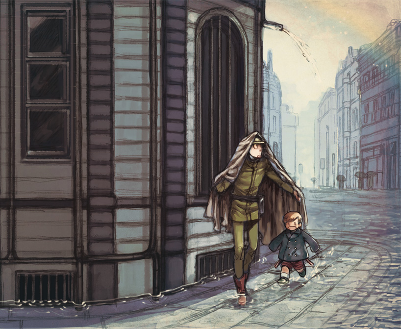 2boys, :d, bag, blonde_hair, boots, building, flood, male_focus