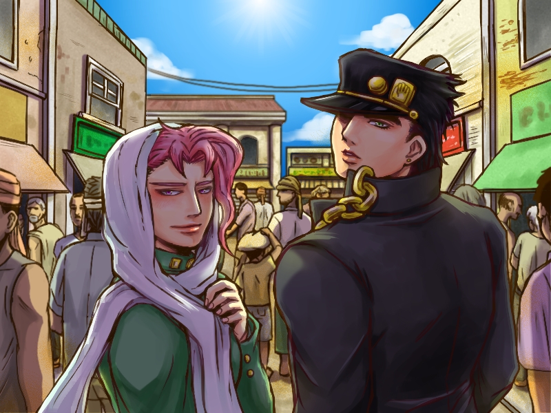 beard, black_hair, blue_sky, building, chain, clouds, earrings, facial_hair, from_behind, gakuran, green_eyes, hat, head_scarf, jewelry, jojo_no_kimyou_na_bouken, kakyouin_noriaki, kuujou_joutarou, looking_back, male_focus, pink_hair, rajika_(shin3114), school_uniform, sky, sun, turban, violet_eyes
