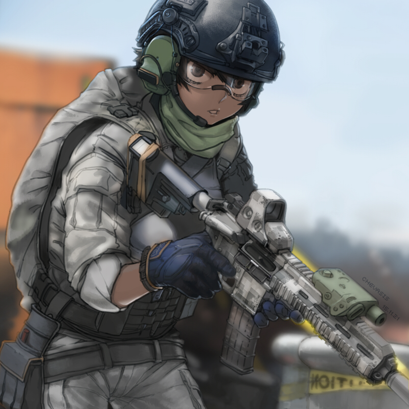 1girl, artist_name, assault_rifle, backpack, bag, brown_eyes, brown_hair, chevasis