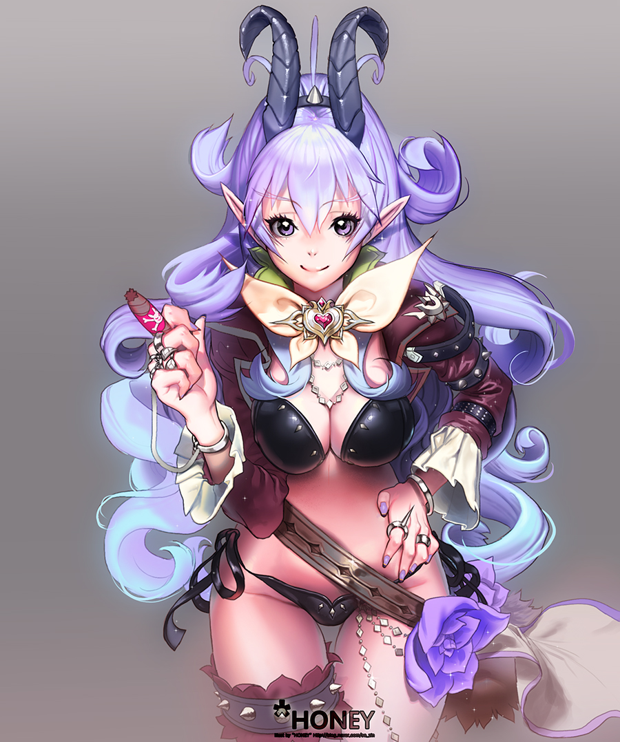 1girl, artist_name, bangs, belt, bikini, black_bikini, blue_eyes, blue_hair, breasts, brooch, cigar, cleavage, cowboy_shot, dragon_girl, eyelashes, flower, grey_background, groin, hairband, hand_on_hip, high_collar, honey_(ssutyx), horns, jacket, jewelry, long_hair, long_sleeves, looking_at_viewer, makeup, mascara, nail_polish, necklace, open_clothes, open_jacket, original, pointy_ears, purple_hair, purple_nails, ring, side-tie_bikini, simple_background, skull_and_crossbones, smile, solo, spikes, swimsuit, thigh_strap, very_long_hair, wavy_hair