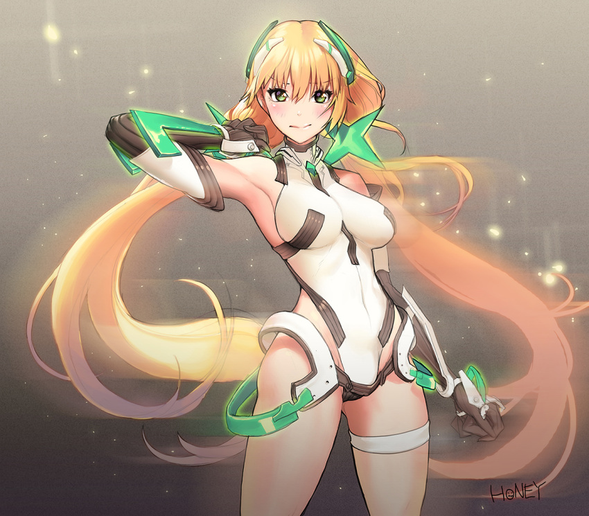 1girl, angela_balzac, armpits, artist_name, black_gloves, blonde_hair, breasts, gloves