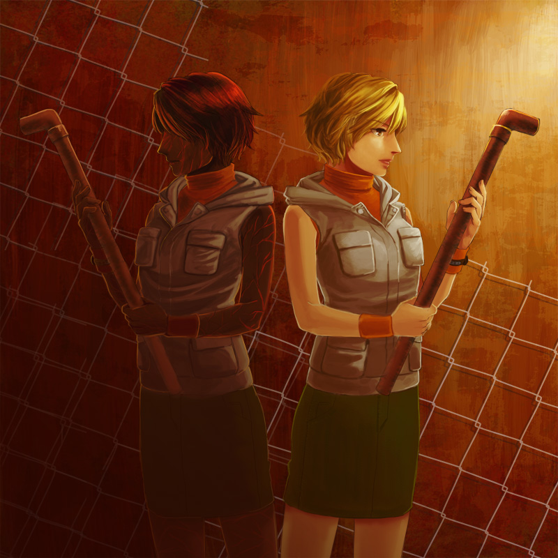 2girls, alessa_gillespie, blonde_hair, breasts, heather_mason, miniskirt, multiple_girls, silent_hill, silent_hill_3, skirt, sleeveless, solo, vest, wristband