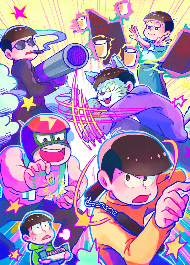 6+boys, barista, bazooka, brothers, brown_hair, bruce_lee's_jumpsuit, choromatsu, cigar