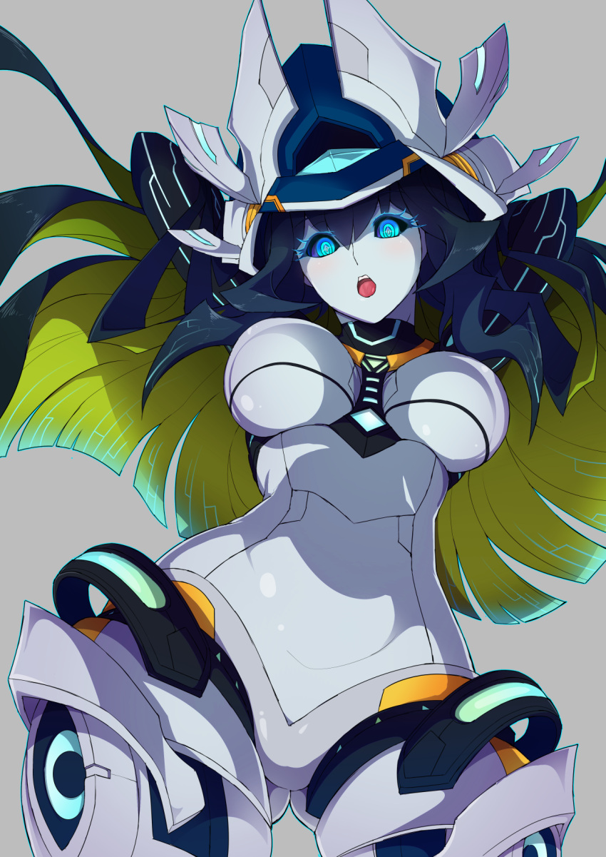 1girl, arms_behind_head, blue_eyes, code_maya, elsword, highres, looking_at_viewer, nishino_(waero), robot, simple_background, solo