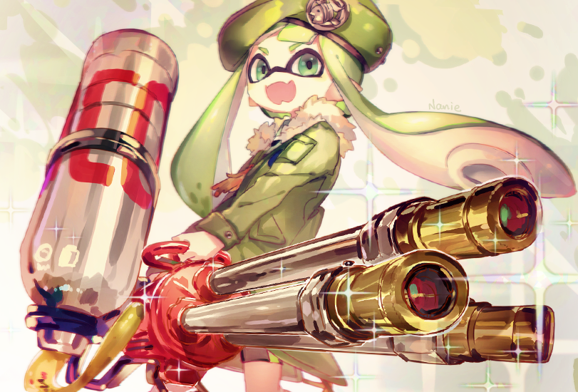 1girl, :d, artist_name, badge, bangs, bike_shorts, blunt_bangs, domino_mask, fang, green_eyes, green_hair, green_jacket, hat, holding_weapon, hydra_splatling_(splatoon), inkling, jacket, long_hair, mask, namie-kun, open_mouth, simple_background, smile, solo, splatoon, standing, twintails