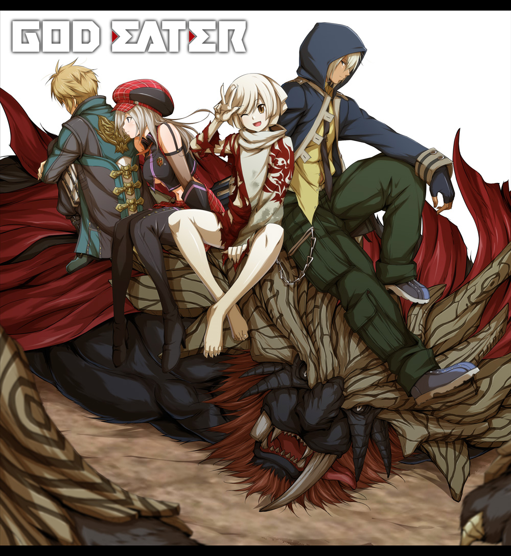 2boys, 2girls, alisa_ilinichina_amiella, aragami, blue_eyes, blush, breasts, chiot_(god_eater)