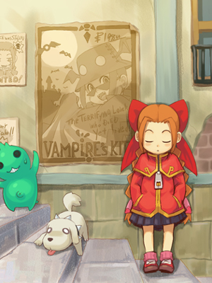1girl, against_wall, blush, bow, braid, capelet, closed_eyes, dog