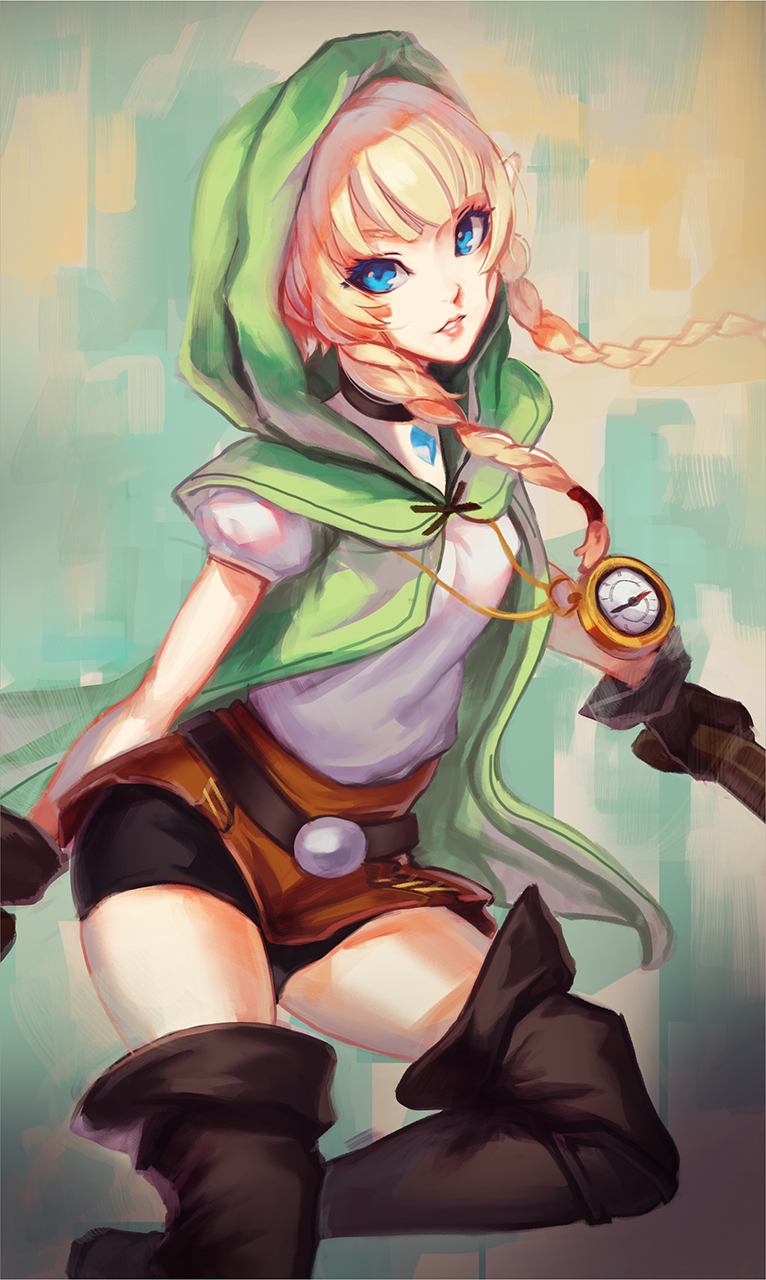 1girl, blonde_hair, blue_eyes, boots, brown_boots, brown_legwear, capelet, compass