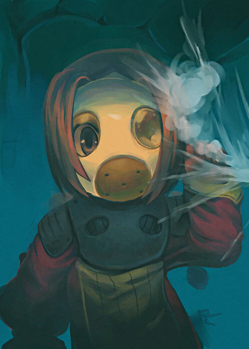 1girl, armor, cave, gas_mask, gurumin, hazmat_suit, light, long_sleeves