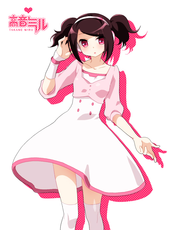 black_hair, brown_hair, dress, headphones, nevebianca, pink_eyes, short_hair, simple_background