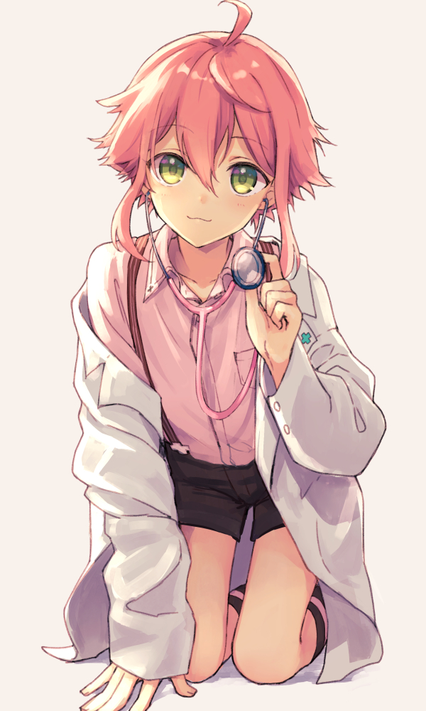 1boy, :3, ahoge, all_fours, bangs, beige_background, closed_umbrella, collared_shirt