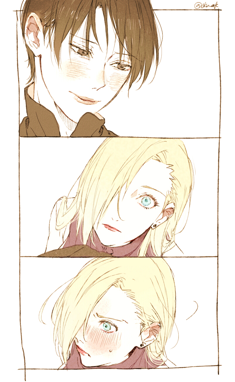 1boy, 1girl, blonde_hair, blue_eyes, blush, brown_eyes, brown_hair, comic