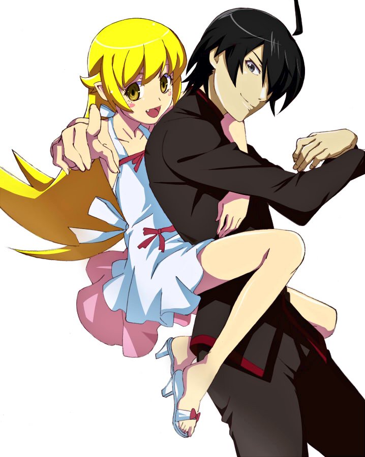 1boy, 1girl, araragi_koyomi, black_eyes, black_hair, blonde_hair, dress, gakuran, hair_over_one_eye, johnnysendai, long_hair, monogatari_(series), nisemonogatari, oshino_shinobu, school_uniform, short_hair, yellow_eyes