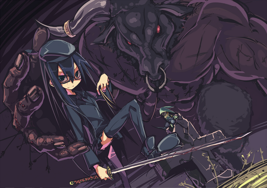 glasses, green_eyes, hat, long_hair, midori_no_ruupe, minotaur, skirt, sword