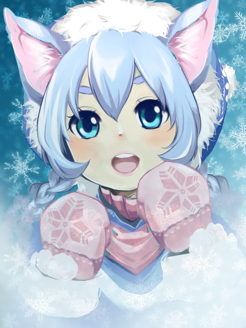 1girl, :d, animal_ears, baru_tantan, blue_eyes, blue_hair, braid, dog_ears