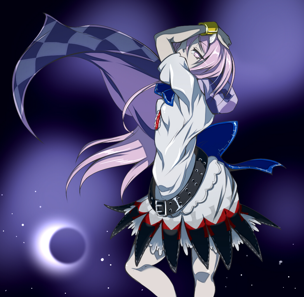 1girl, belt, bracelet, cape, checkered_clothing, cosplay, dark, dress