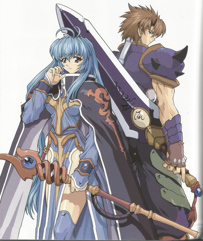 1boy, 1girl, absurdres, alicia_mcfadden, armor, blue_eyes, blue_hair, brave_soul