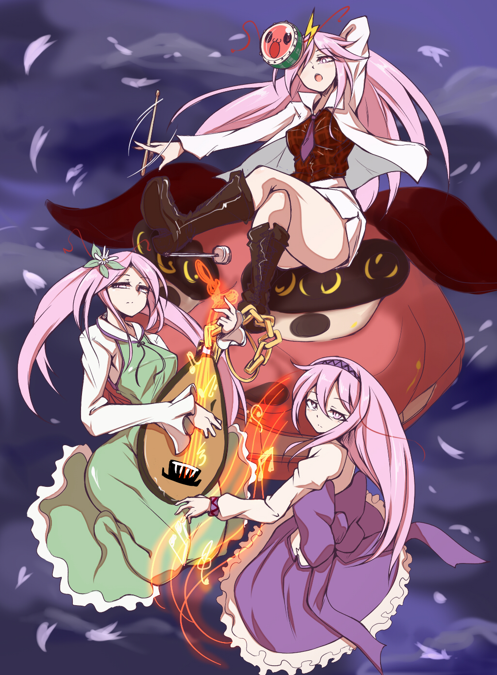 3girls, black_boots, boots, breasts, clouds, cloudy_sky, cosplay, crossed_legs