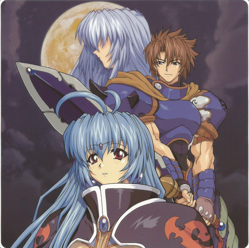 alicia_mcfadden, armor, blue_eyes, blue_hair, brave_soul, brown_hair, clare_(brave_soul), earrings